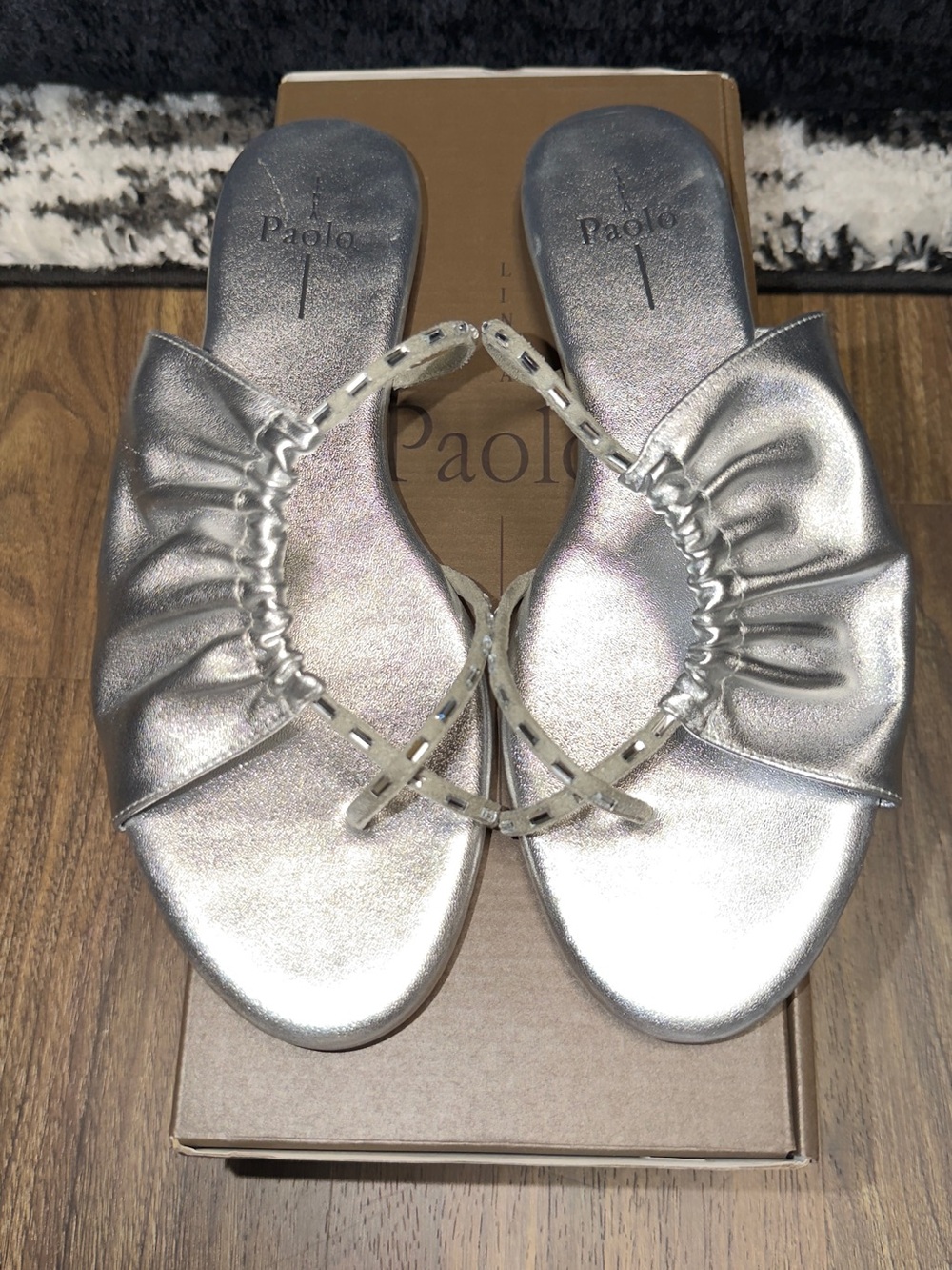 Paolo Metallic Silver Ruched Slide Sandals